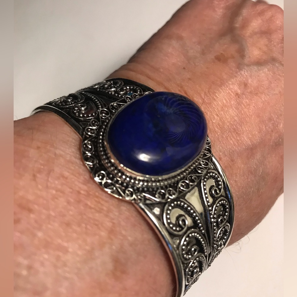 Lapis Lazuli Stamped 925 Sterling Silver Cuff Bracelet